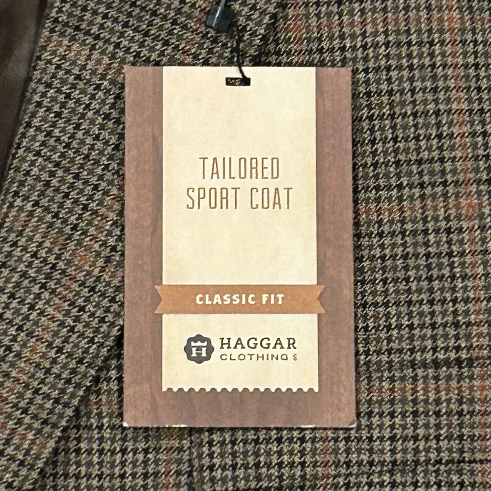 Haggar Houndstooth Windowpane Blazer Men 44R Brown 2 Button Tailored Sports Coat
